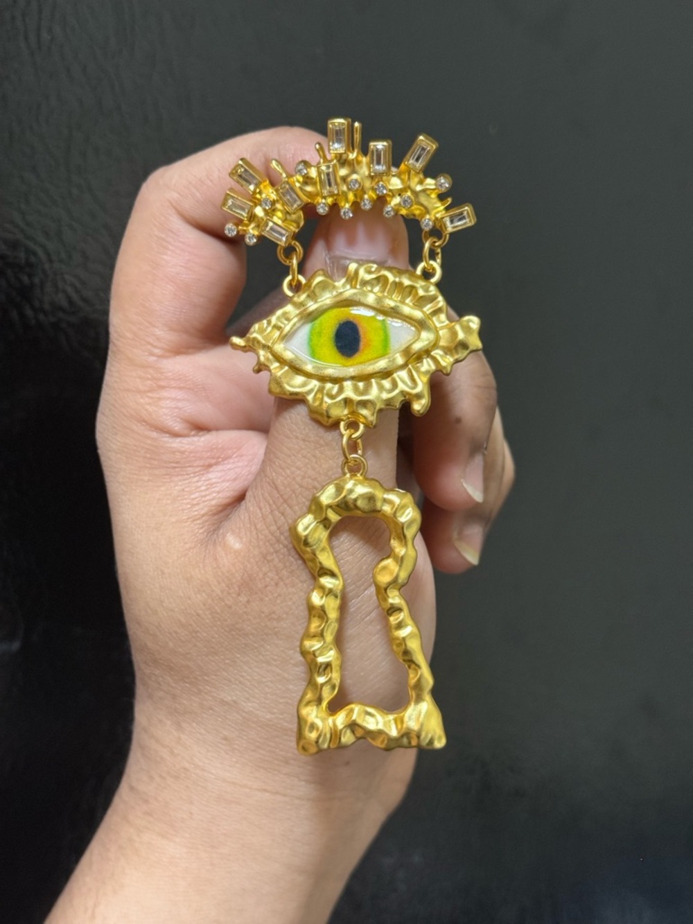 Schiaparelli Inspired Gold Evil Eye Dangle Keyhole Statement Brooch